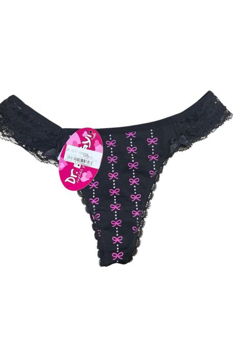 Chiloti Dama, Tanga , Dantelă Neagra cu Imprimeu Fundițe Roz, Engros